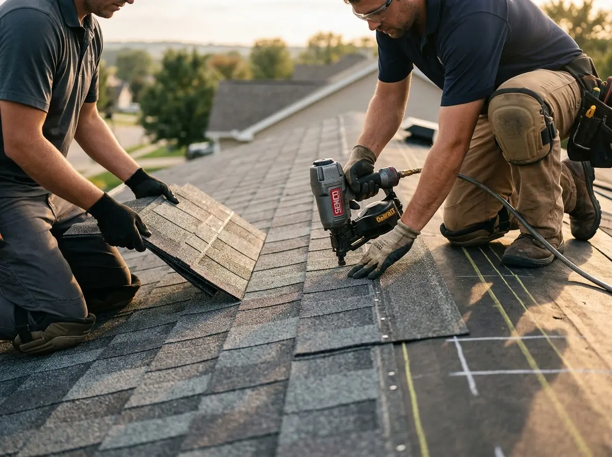 Professional roofer working on a residential roof in Rio Vista